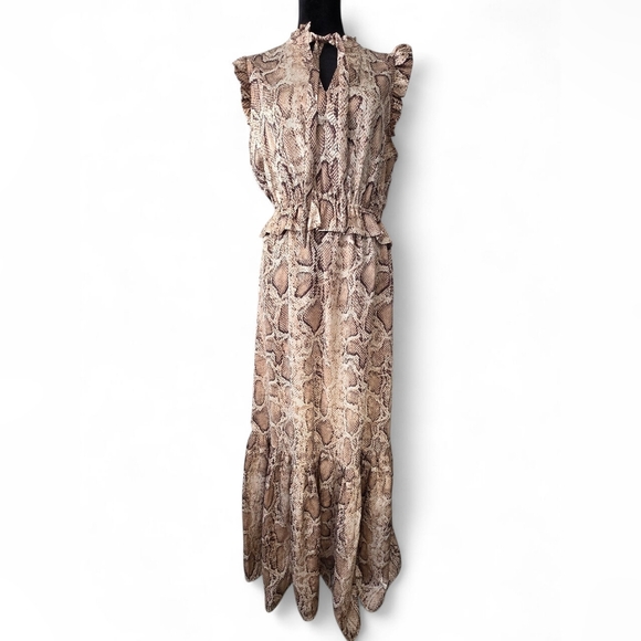THML Snake Print Maxi Dress Size M | Boho Chic Sleeveless Ruffle Detail Tiered - Picture 1 of 9